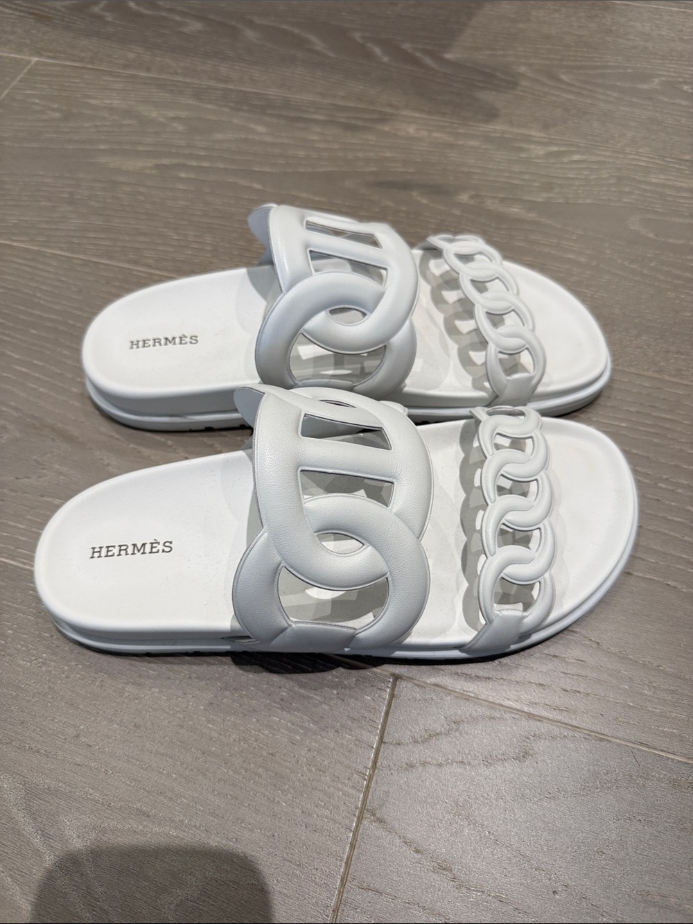 Hermes White Chain-Link Slide Sandals